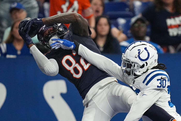 Indianapolis Colts cornerback Darius Rush (30) is unable to stop a touchdown reception by Chicago Bears wide receiver Daurice Fountain (82) during the second half of an NFL preseason game Saturday, Aug. 19, 2023, at Lucas Oil Stadium in Indianapolis. The Colts defeated the Bears, 24-17.